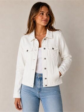 White Jean Jacket Denim Coat Size Small Button Down Pockets  Classic Staple